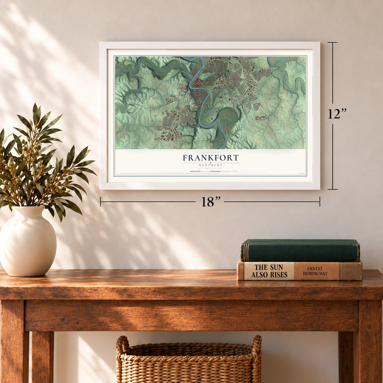 Frankfort, Kentucky map, 12 x 18 inch print in a white frame in an entryway