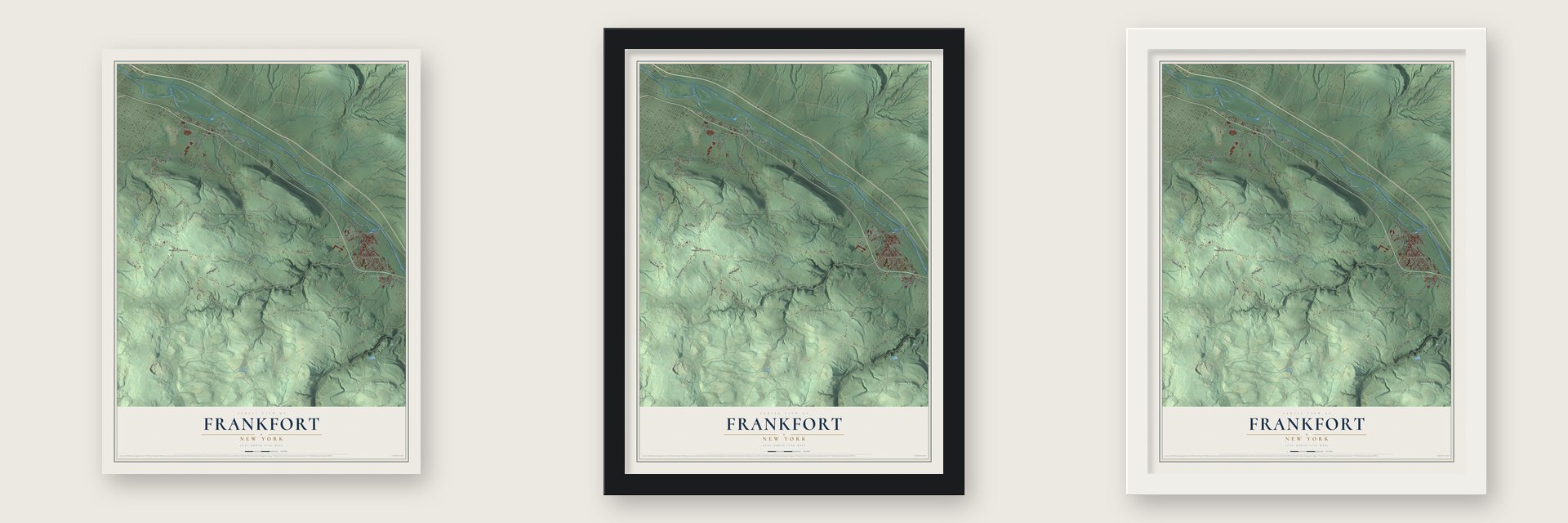 Frankfort, New York map unframed, in a black wood frame and in a white wood frame