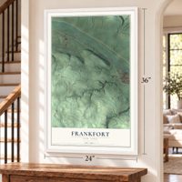 Frankfort, New York map, 24 x 36 inch print in a white frame by a staircase