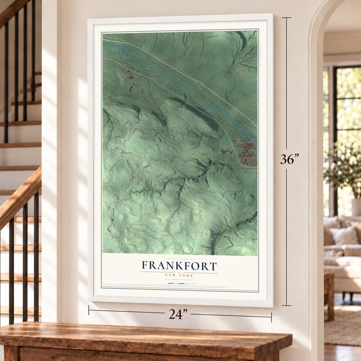Frankfort, New York map, 24 x 36 inch print in a white frame by a staircase