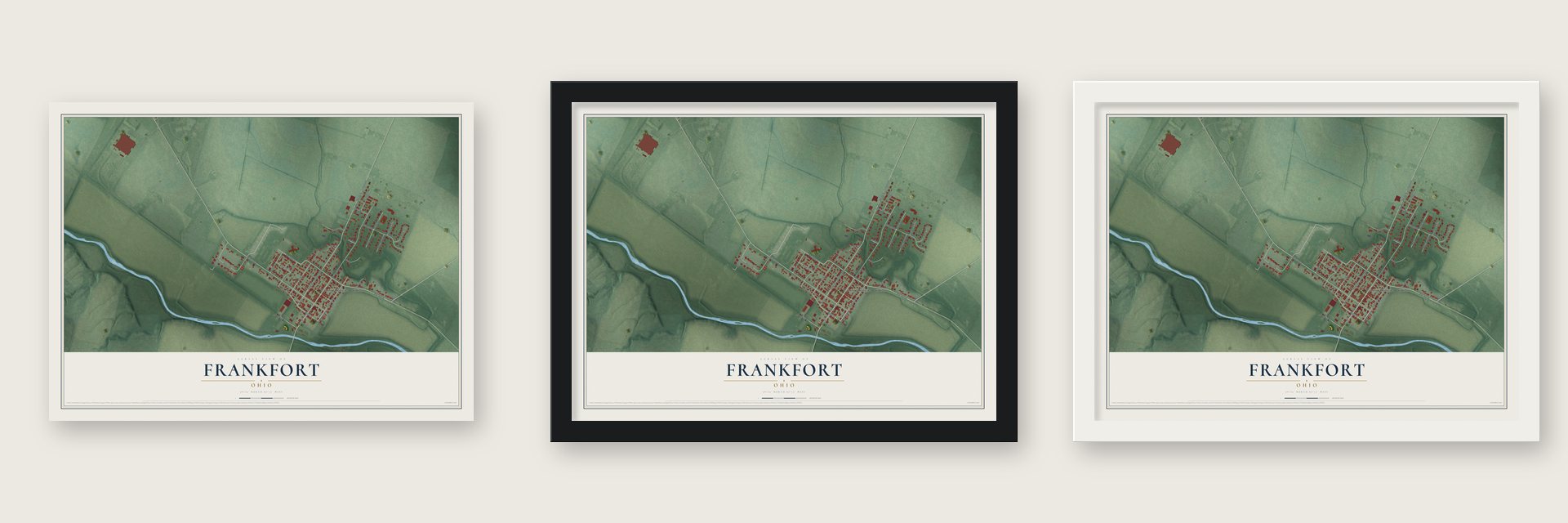 Frankfort, Ohio map unframed, in a black wood frame and in a white wood frame
