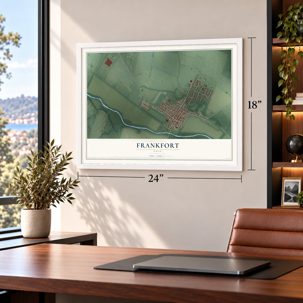 Frankfort, Ohio map, 18 x 24 inch print in a white frame in a home office