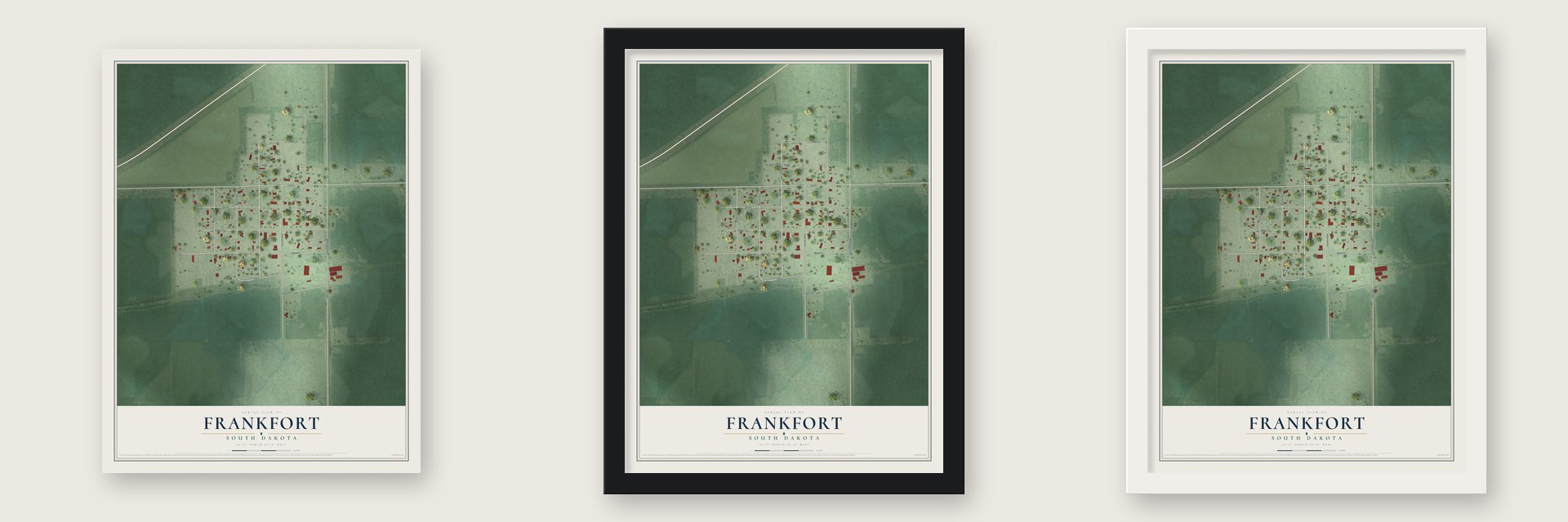 Frankfort, South Dakota map unframed, in a black wood frame and in a white wood frame