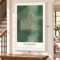 Frankfort, South Dakota map, 24 x 36 inch print in a white frame by a staircase