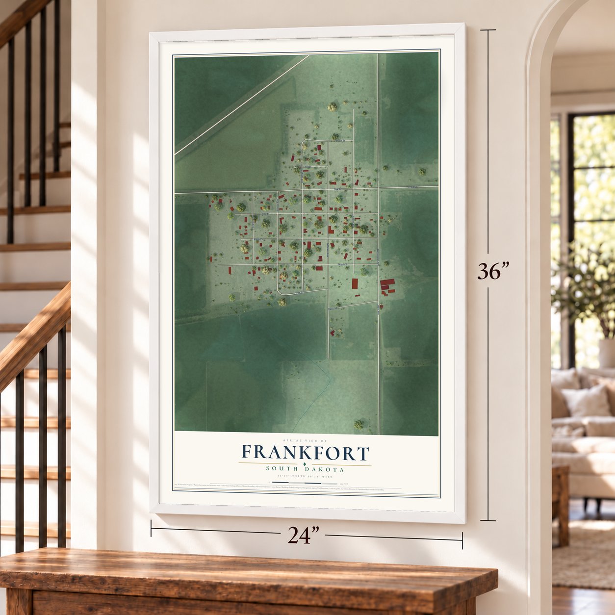 Frankfort, South Dakota map, 24 x 36 inch print in a white frame by a staircase
