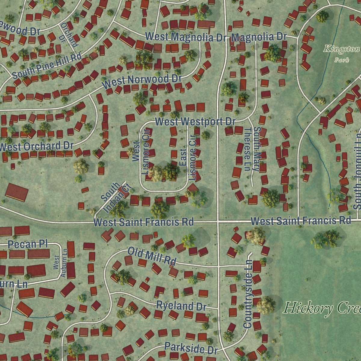 Second close-up of the map of Frankfort Square, Illinois print showing more streets and buildings