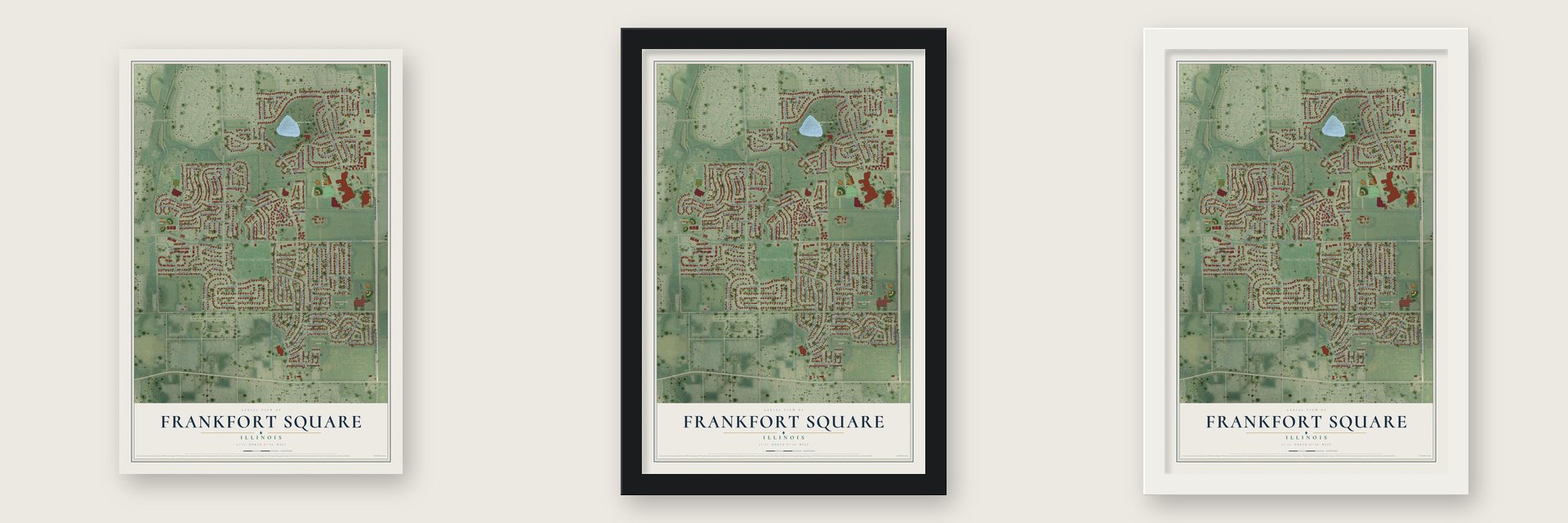Frankfort Square, Illinois map unframed, in a black wood frame and in a white wood frame