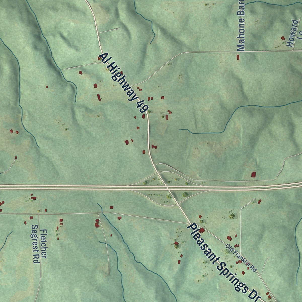 Second close-up of the map of Franklin, Alabama print showing more streets and buildings