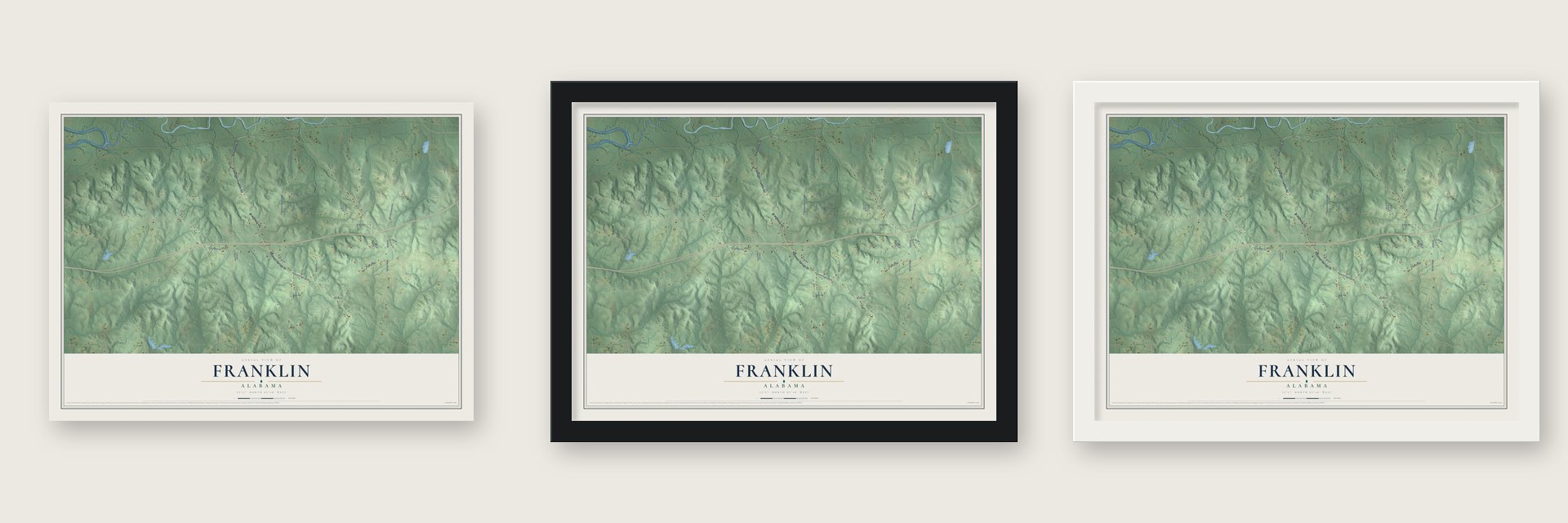 Franklin, Alabama map unframed, in a black wood frame and in a white wood frame