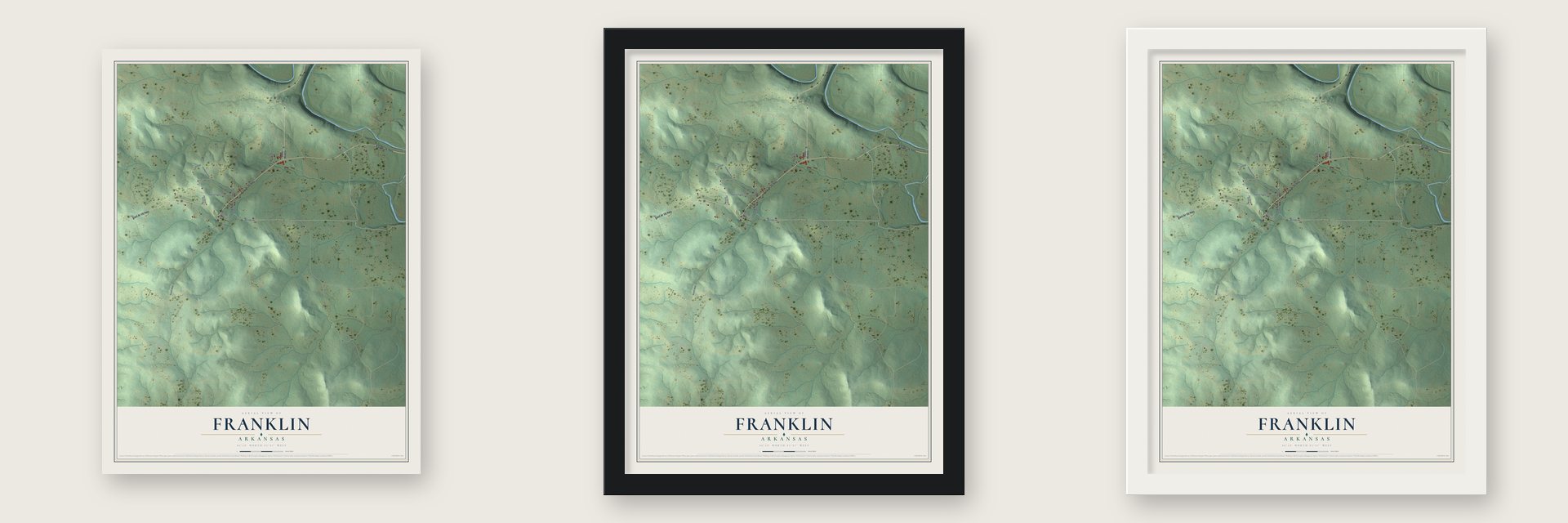 Franklin, Arkansas map unframed, in a black wood frame and in a white wood frame