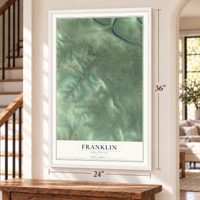 Franklin, Arkansas map, 24 x 36 inch print in a white frame by a staircase