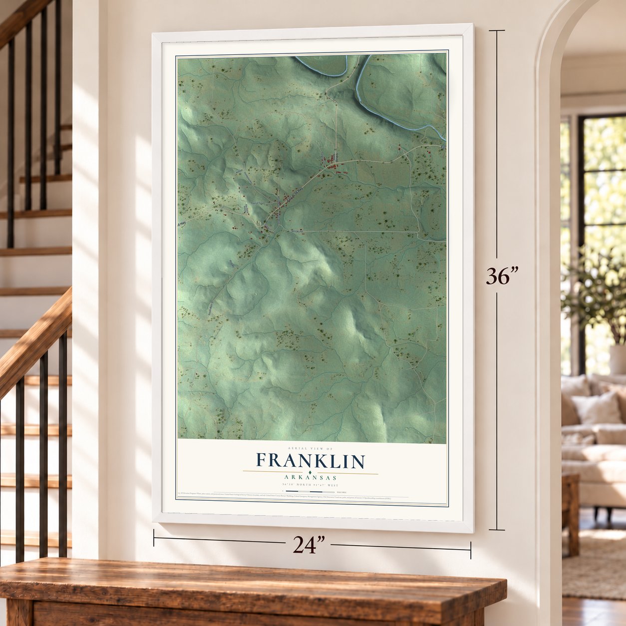 Franklin, Arkansas map, 24 x 36 inch print in a white frame by a staircase
