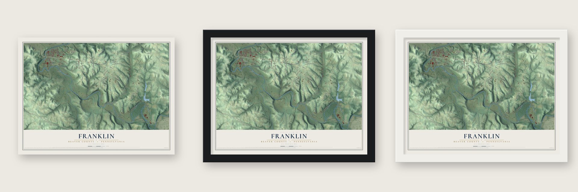 Franklin, Beaver County, Pennsylvania map unframed, in a black wood frame and in a white wood frame