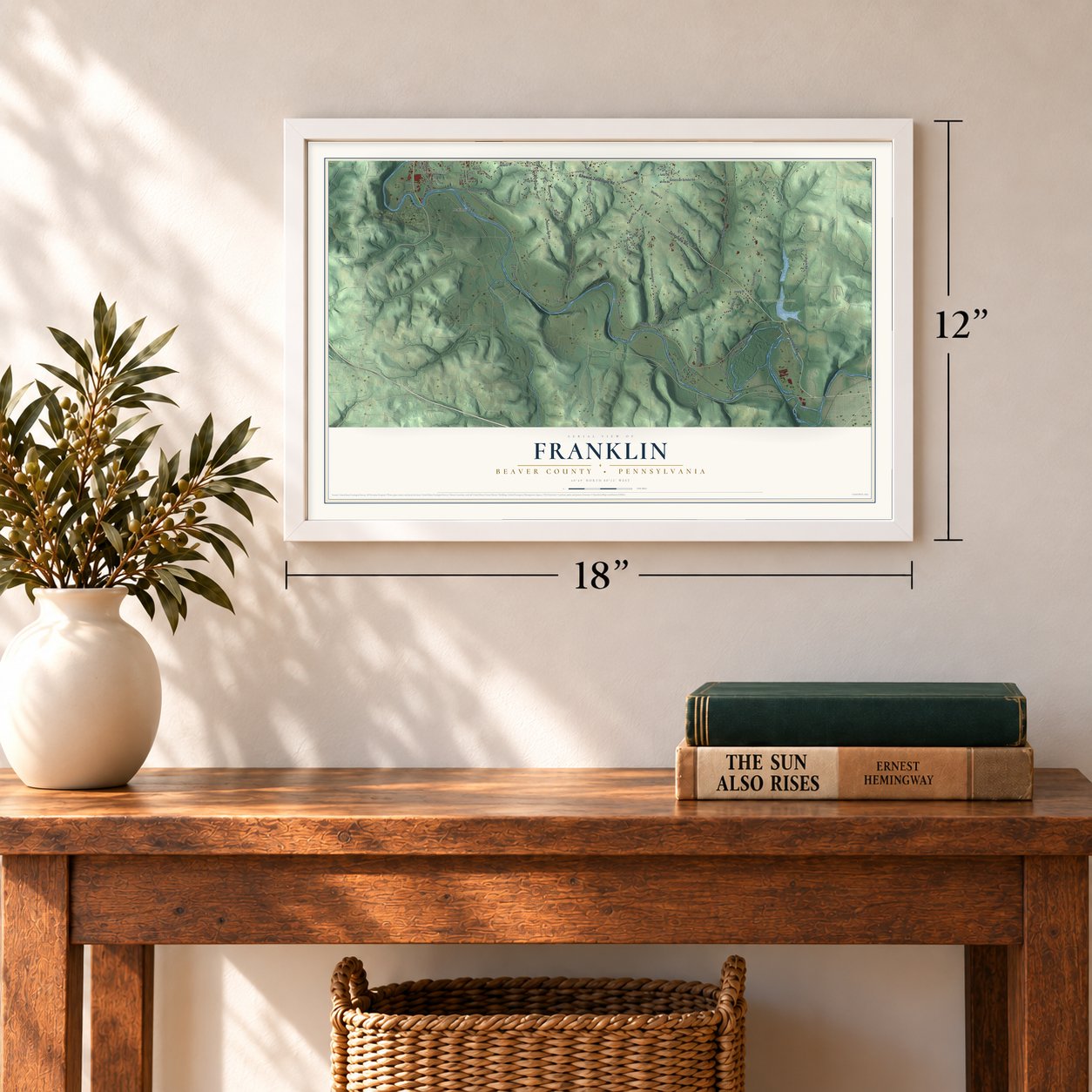 Franklin, Beaver County, Pennsylvania map, 12 x 18 inch print in a white frame in an entryway