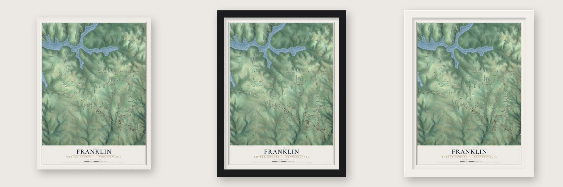 Franklin, Butler County, Pennsylvania map unframed, in a black wood frame and in a white wood frame