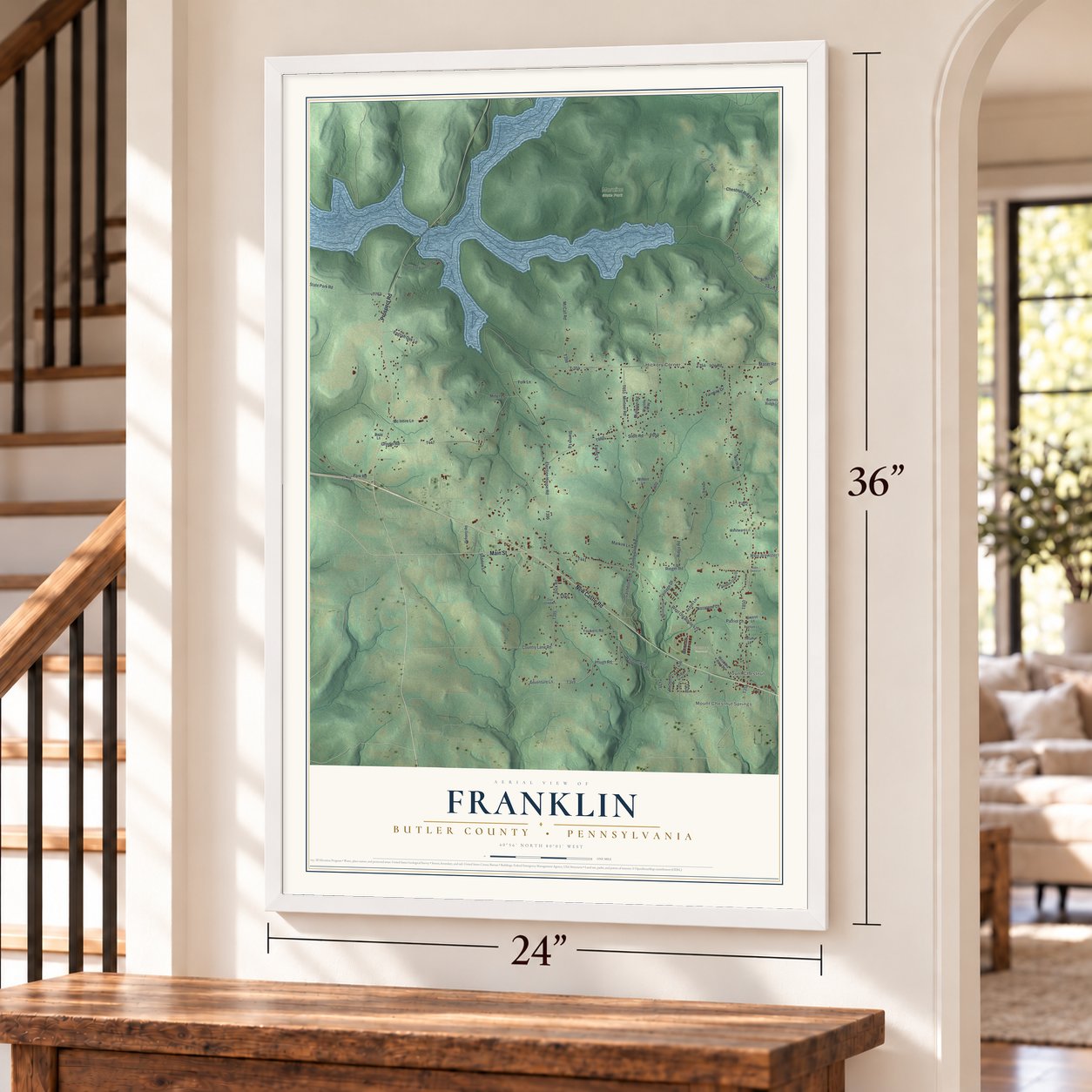 Franklin, Butler County, Pennsylvania map, 24 x 36 inch print in a white frame by a staircase