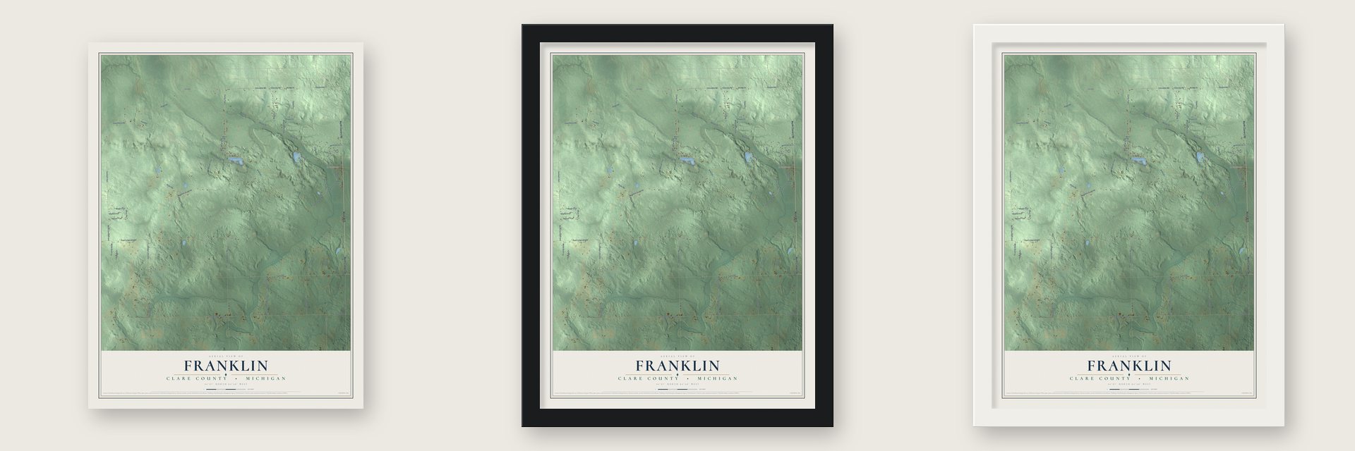 Franklin, Clare County, Michigan map unframed, in a black wood frame and in a white wood frame