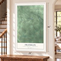 Franklin, Clare County, Michigan map, 24 x 36 inch print in a white frame by a staircase