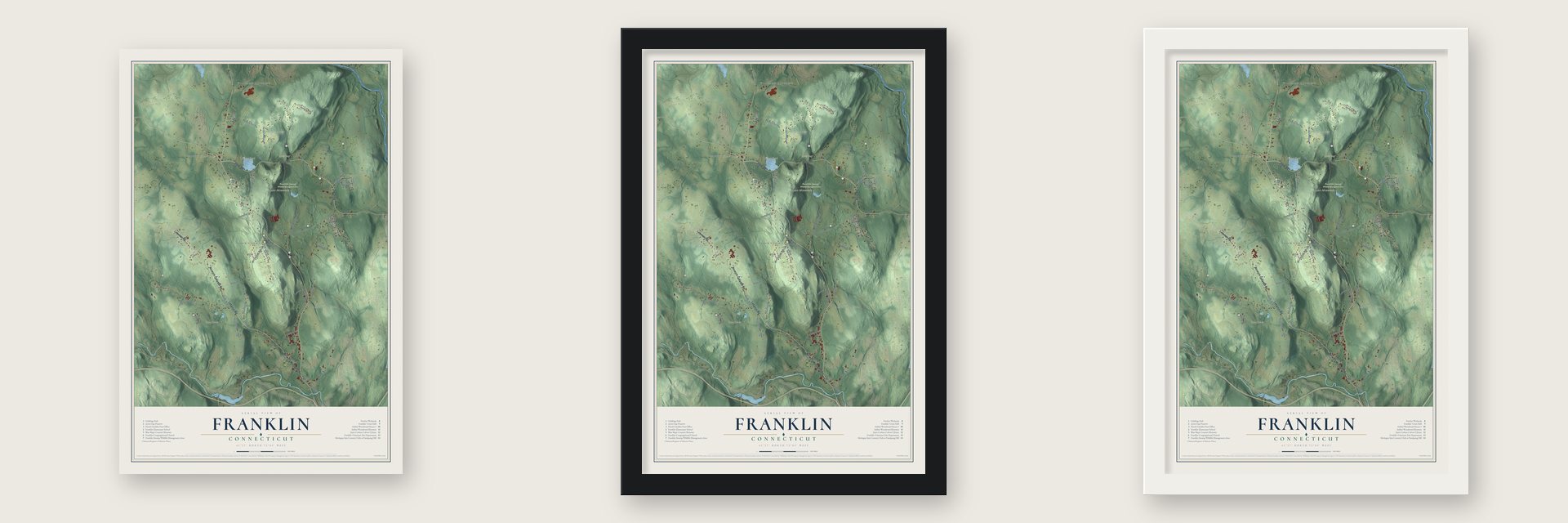 Franklin, Connecticut map unframed, in a black wood frame and in a white wood frame
