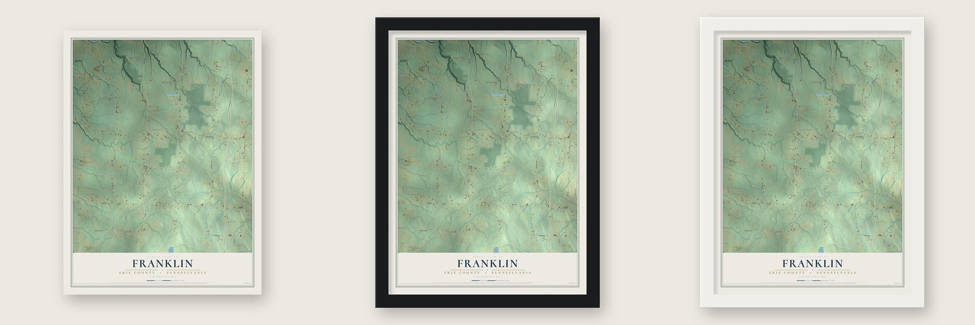 Franklin, Erie County, Pennsylvania map unframed, in a black wood frame and in a white wood frame