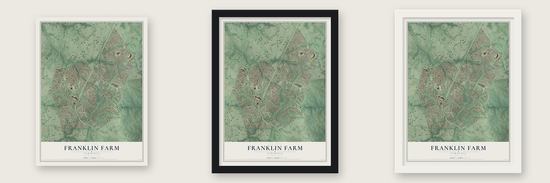 Franklin Farm, Virginia map unframed, in a black wood frame and in a white wood frame