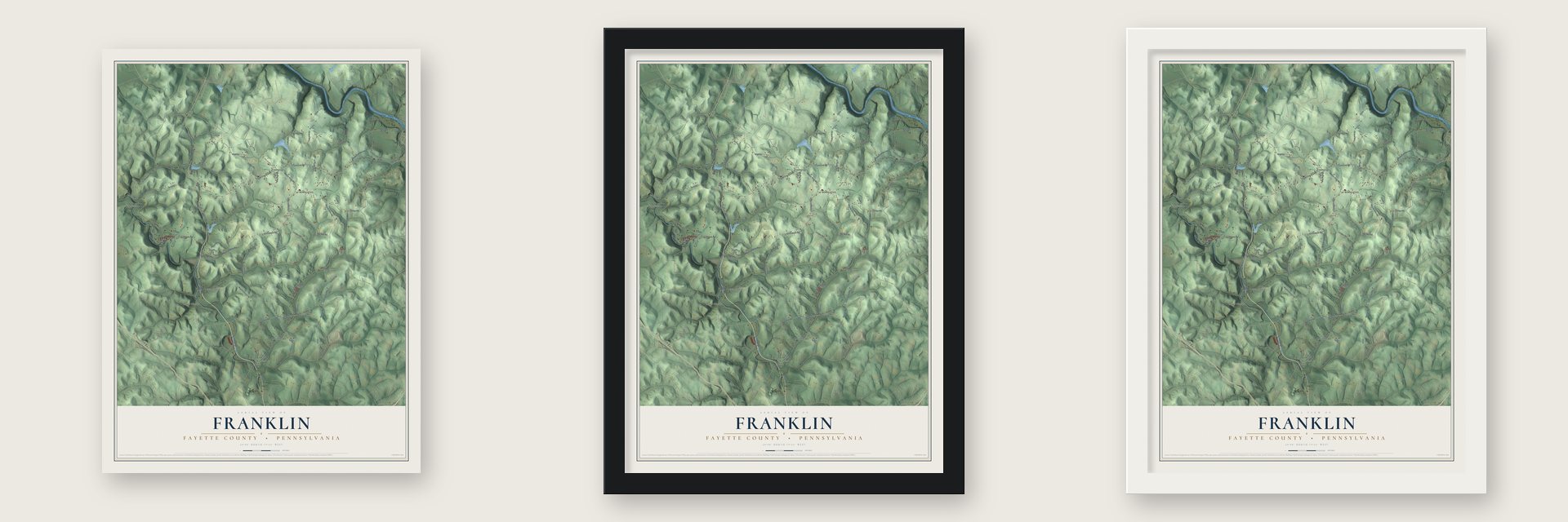 Franklin, Fayette County, Pennsylvania map unframed, in a black wood frame and in a white wood frame