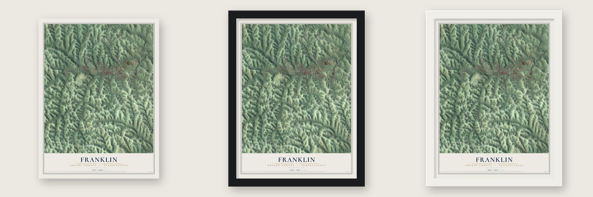 Franklin, Greene County, Pennsylvania map unframed, in a black wood frame and in a white wood frame