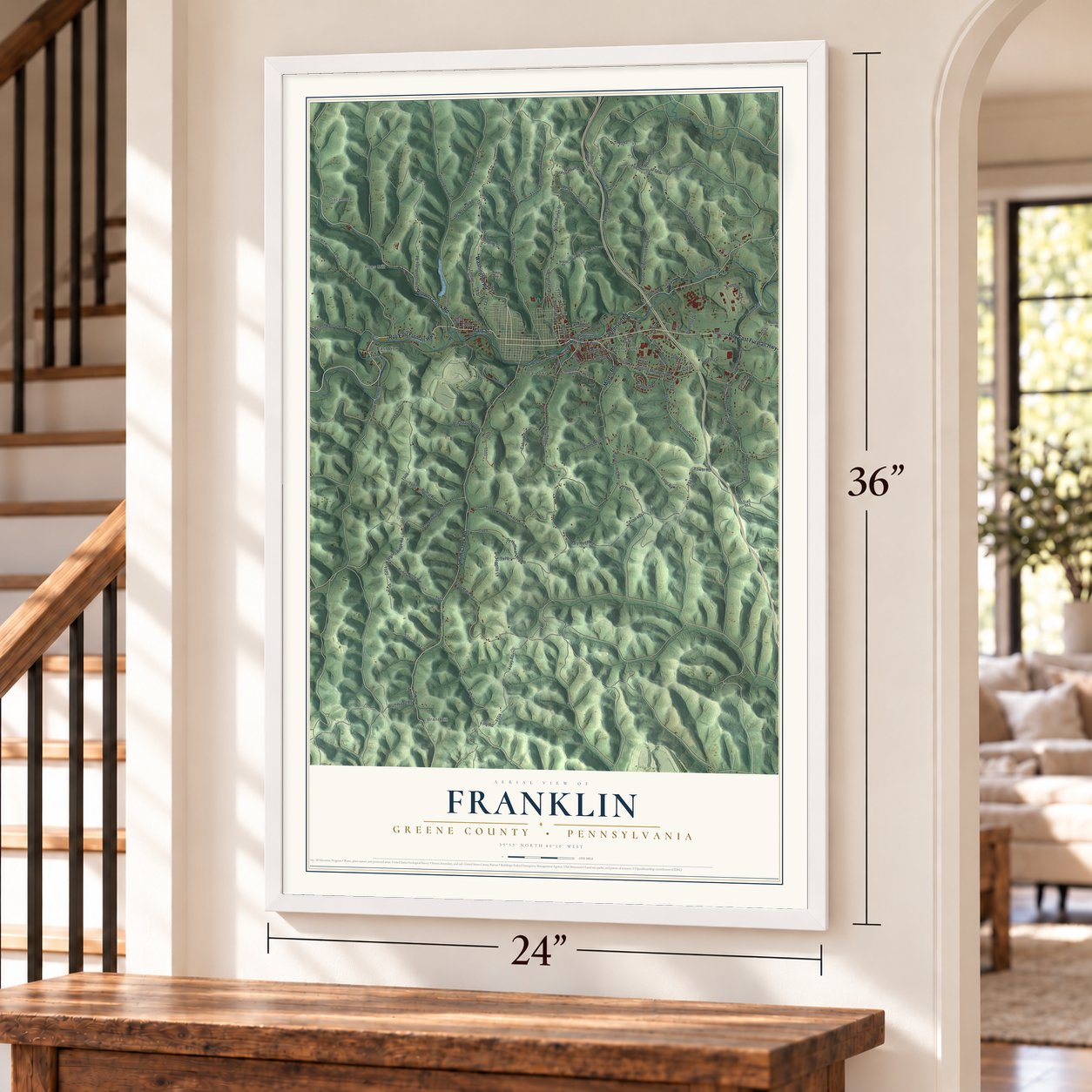 Franklin, Greene County, Pennsylvania map, 24 x 36 inch print in a white frame by a staircase