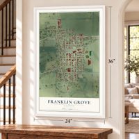 Franklin Grove, Illinois map, 24 x 36 inch print in a white frame by a staircase