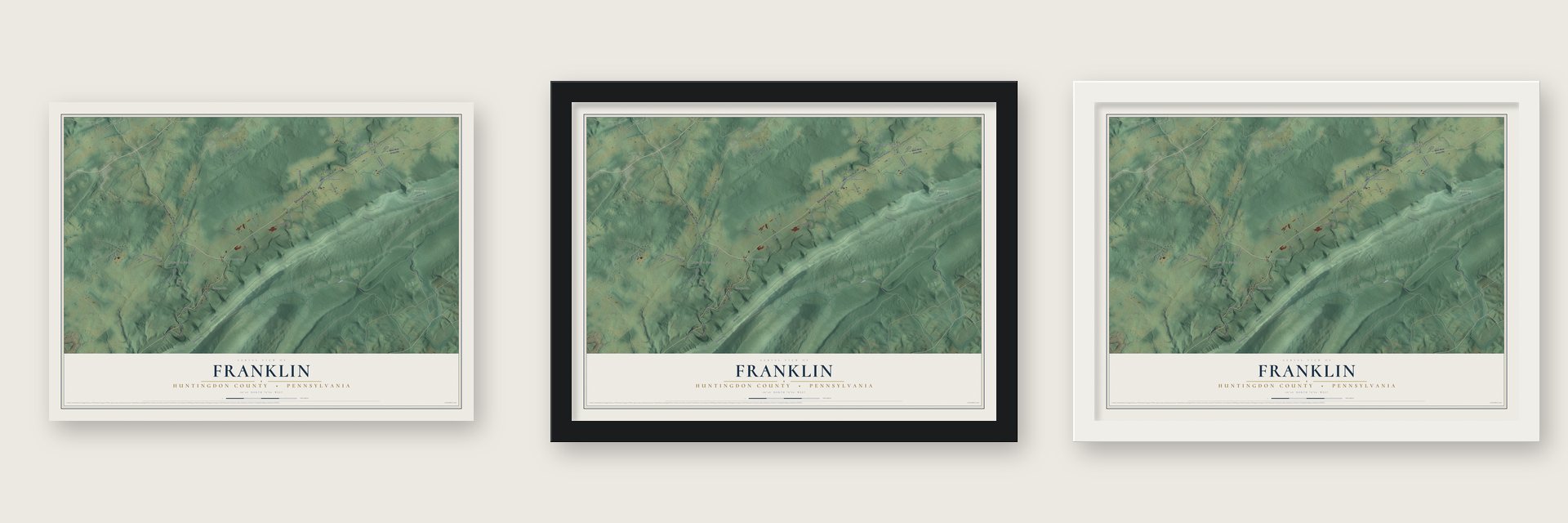 Franklin, Huntingdon County, Pennsylvania map unframed, in a black wood frame and in a white wood frame