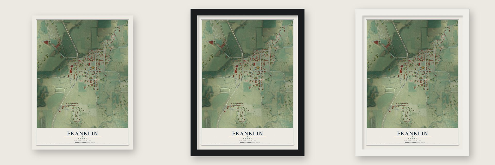 Franklin, Idaho map unframed, in a black wood frame and in a white wood frame