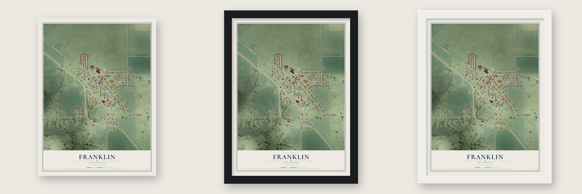 Franklin, Illinois map unframed, in a black wood frame and in a white wood frame