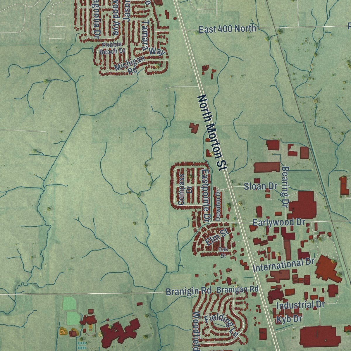 Second close-up of the map of Franklin, Indiana print showing more streets and buildings