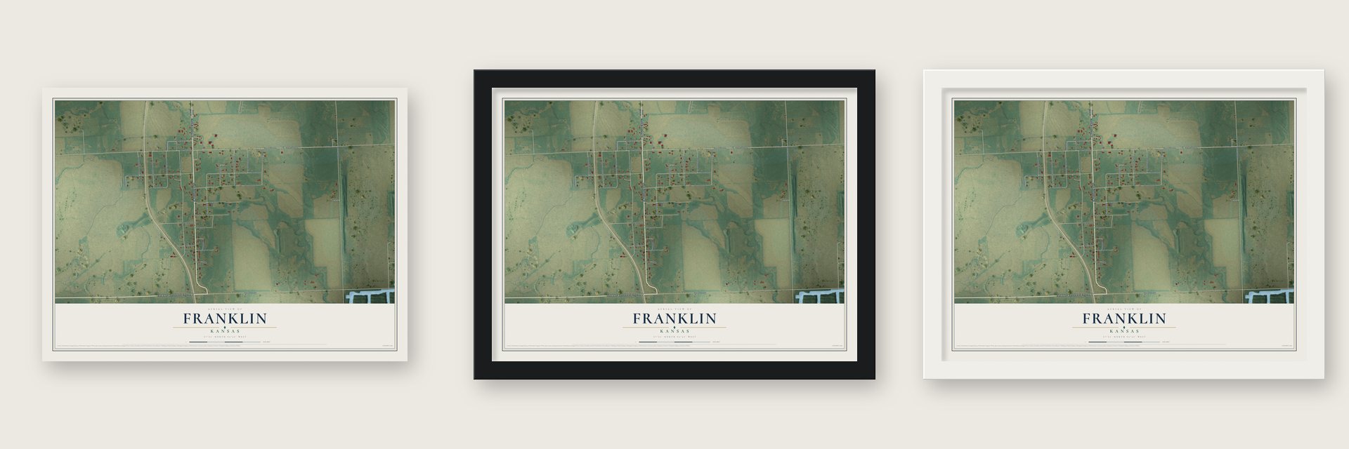 Franklin, Kansas map unframed, in a black wood frame and in a white wood frame