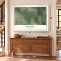Franklin, Kansas map, 24 x 36 inch print in a white frame above a dresser by a staircase