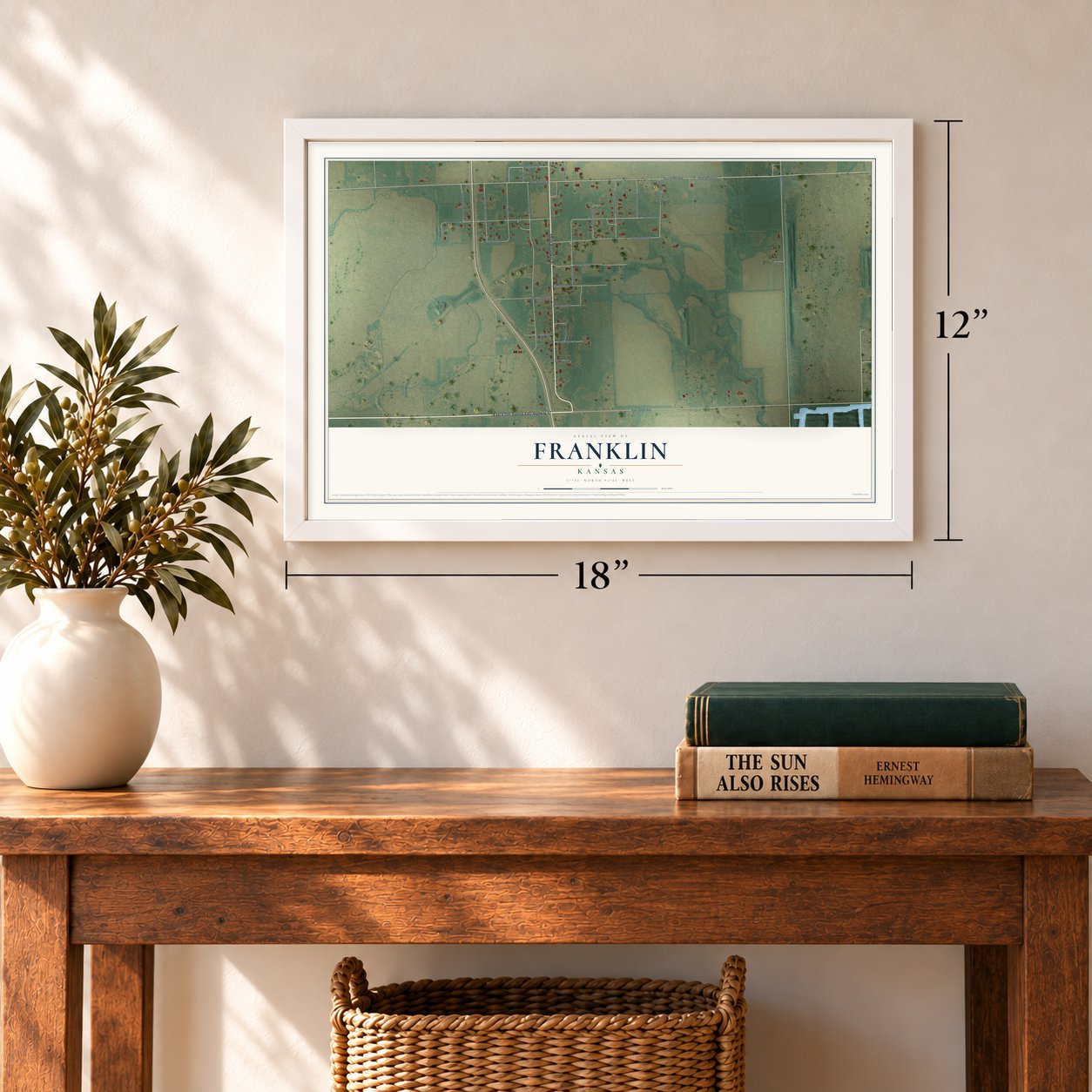 Franklin, Kansas map, 12 x 18 inch print in a white frame in an entryway