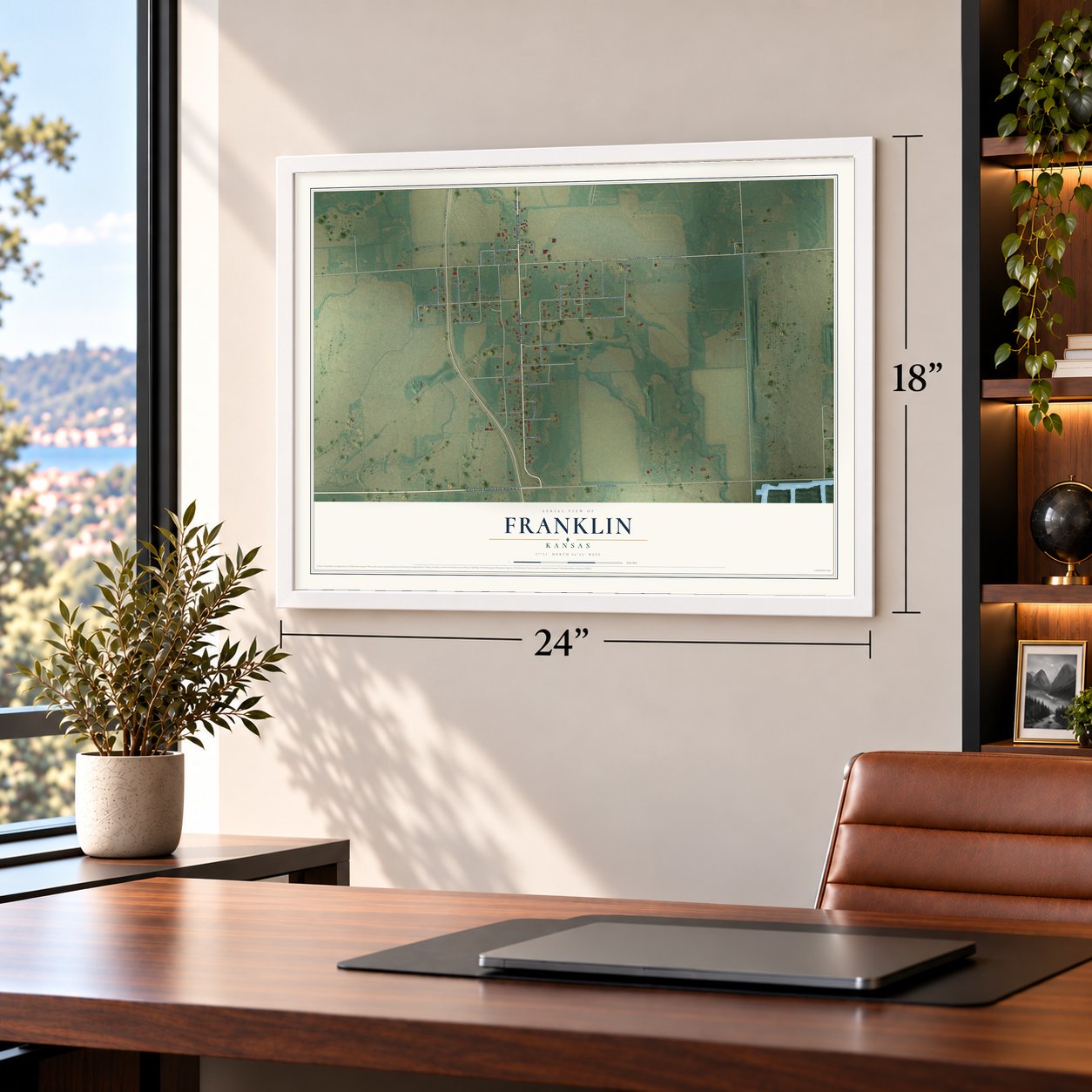 Franklin, Kansas map, 18 x 24 inch print in a white frame in a home office