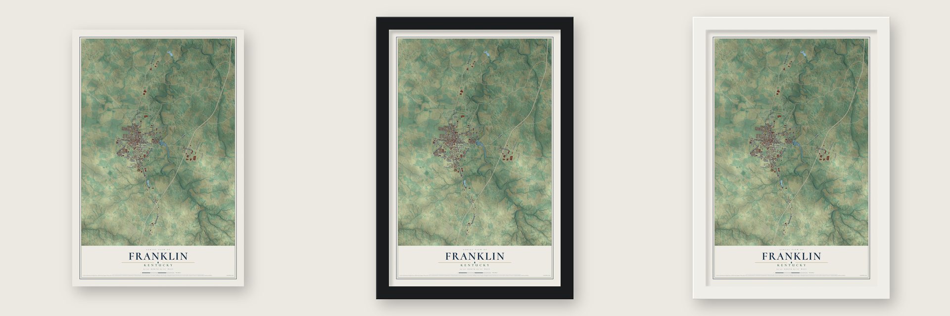Franklin, Kentucky map unframed, in a black wood frame and in a white wood frame