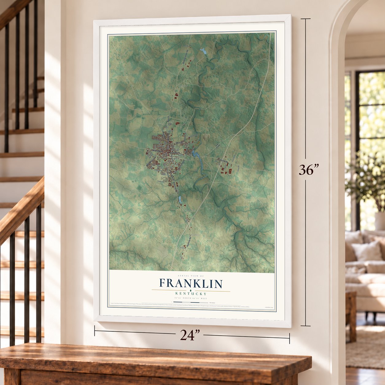 Franklin, Kentucky map, 24 x 36 inch print in a white frame by a staircase