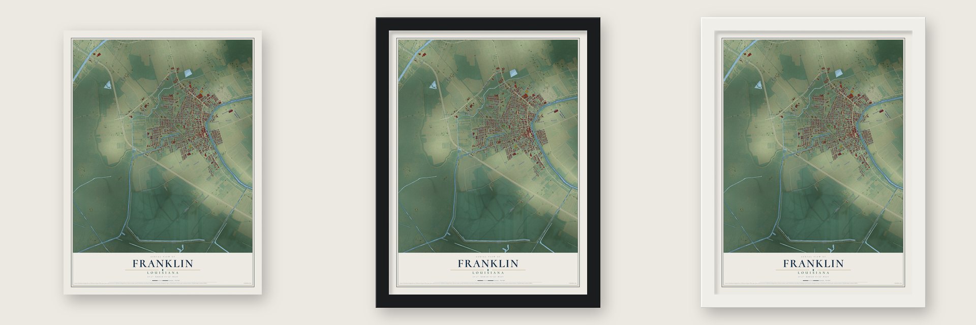 Franklin, Louisiana map unframed, in a black wood frame and in a white wood frame