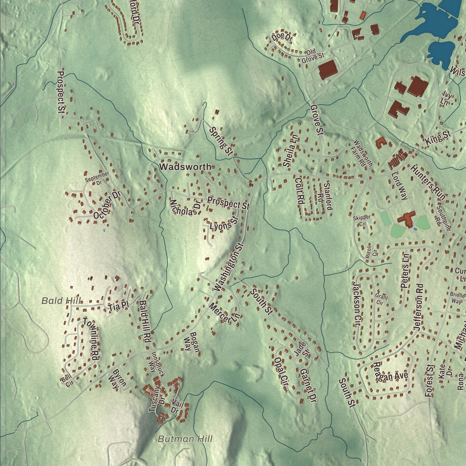Close-up of the map of Franklin, Massachusetts print showing terrain and local geography