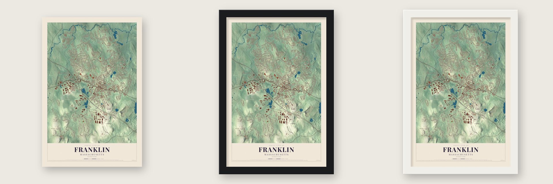 Franklin, Massachusetts map unframed, in a black wood frame and in a white wood frame