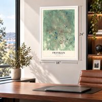 Franklin, Massachusetts map, 18 x 24 inch print in a white frame in a home office