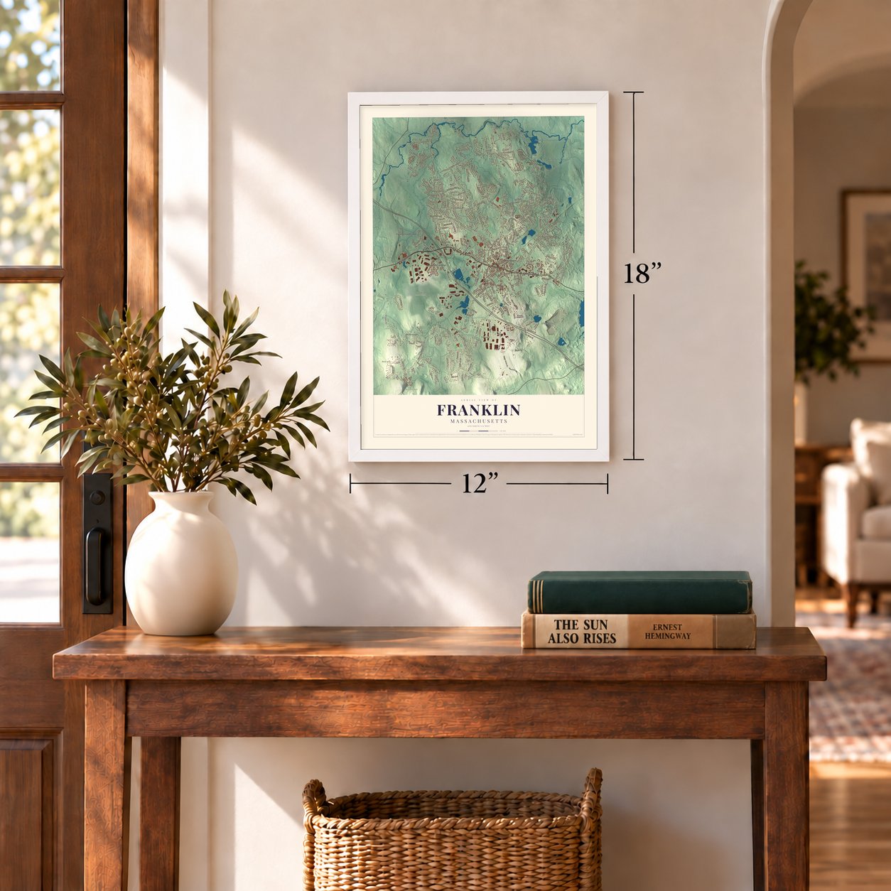 Franklin, Massachusetts map, 12 x 18 inch print in a white frame in an entryway