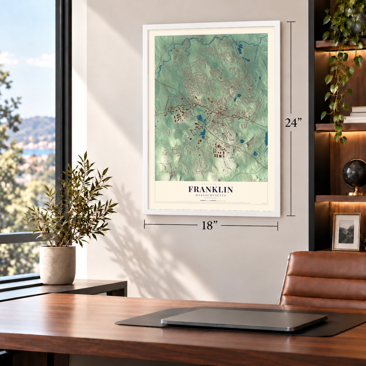Franklin, Massachusetts map, 18 x 24 inch print in a white frame in a home office