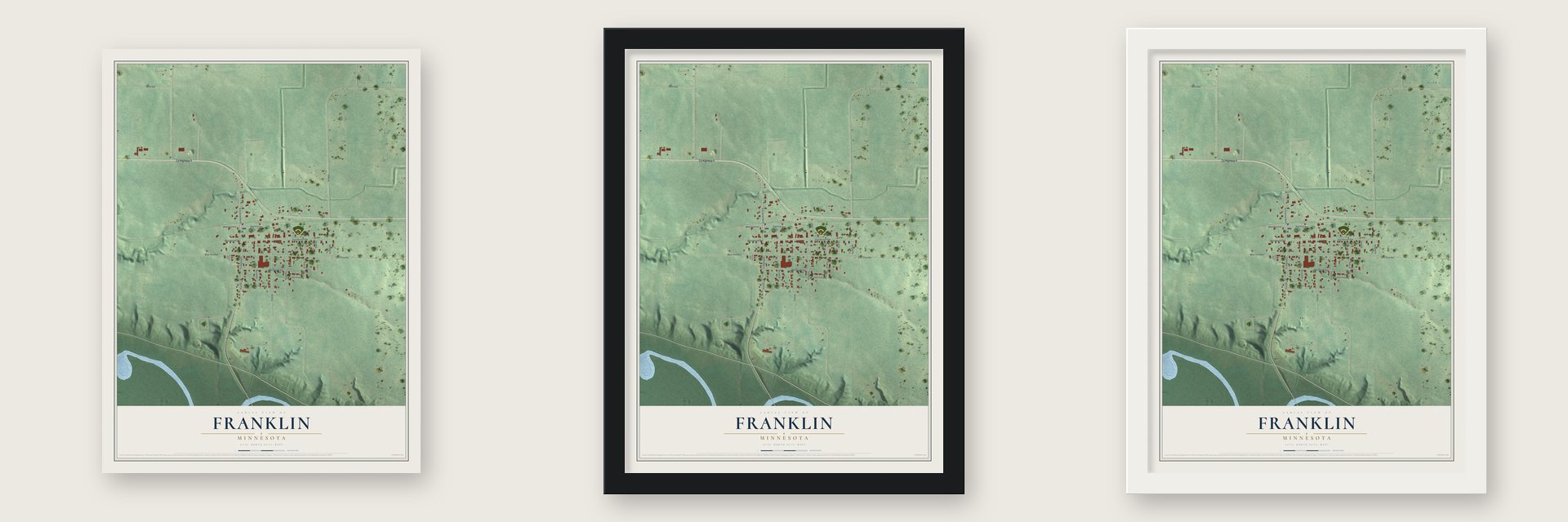 Franklin, Minnesota map unframed, in a black wood frame and in a white wood frame