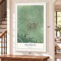 Franklin, Minnesota map, 24 x 36 inch print in a white frame by a staircase