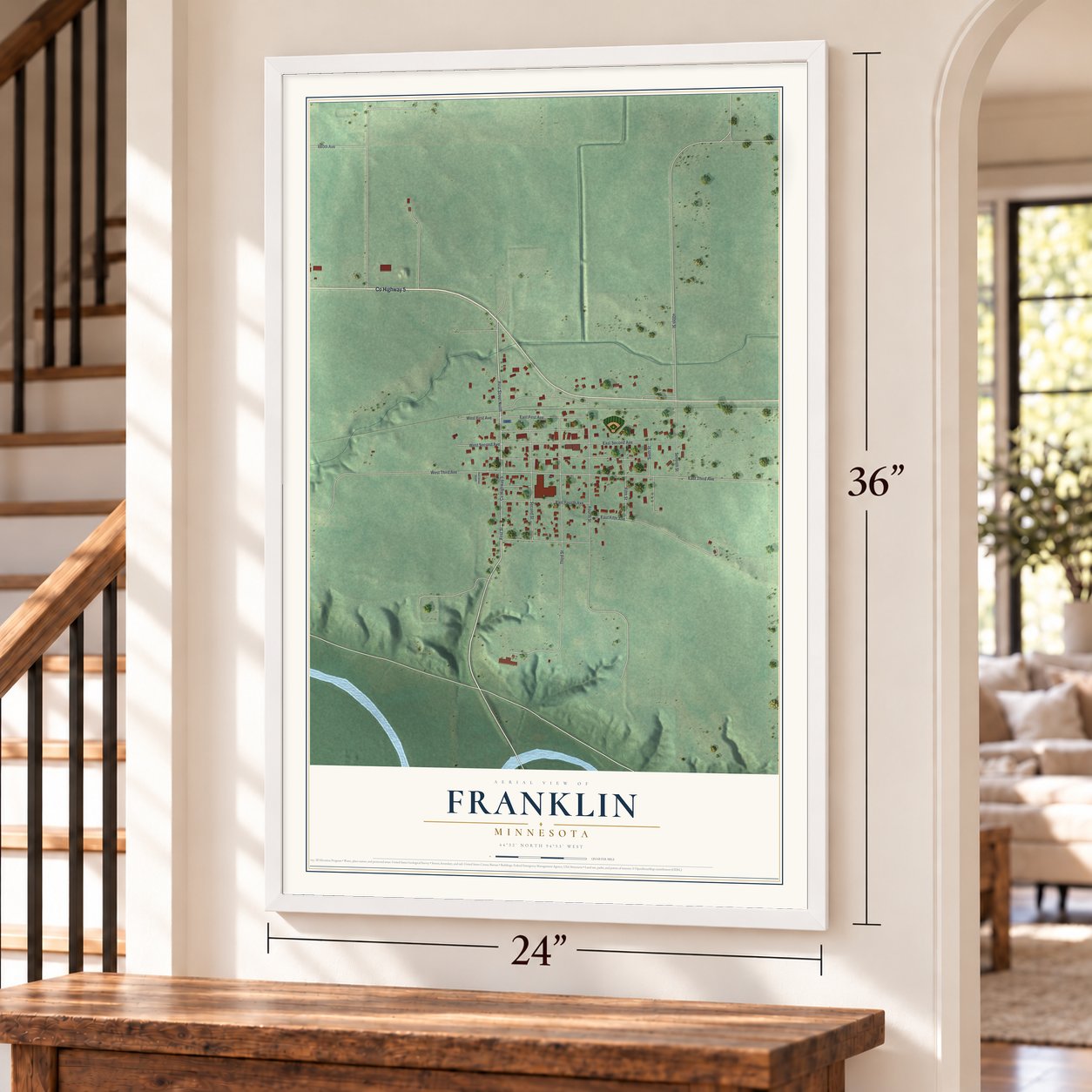 Franklin, Minnesota map, 24 x 36 inch print in a white frame by a staircase