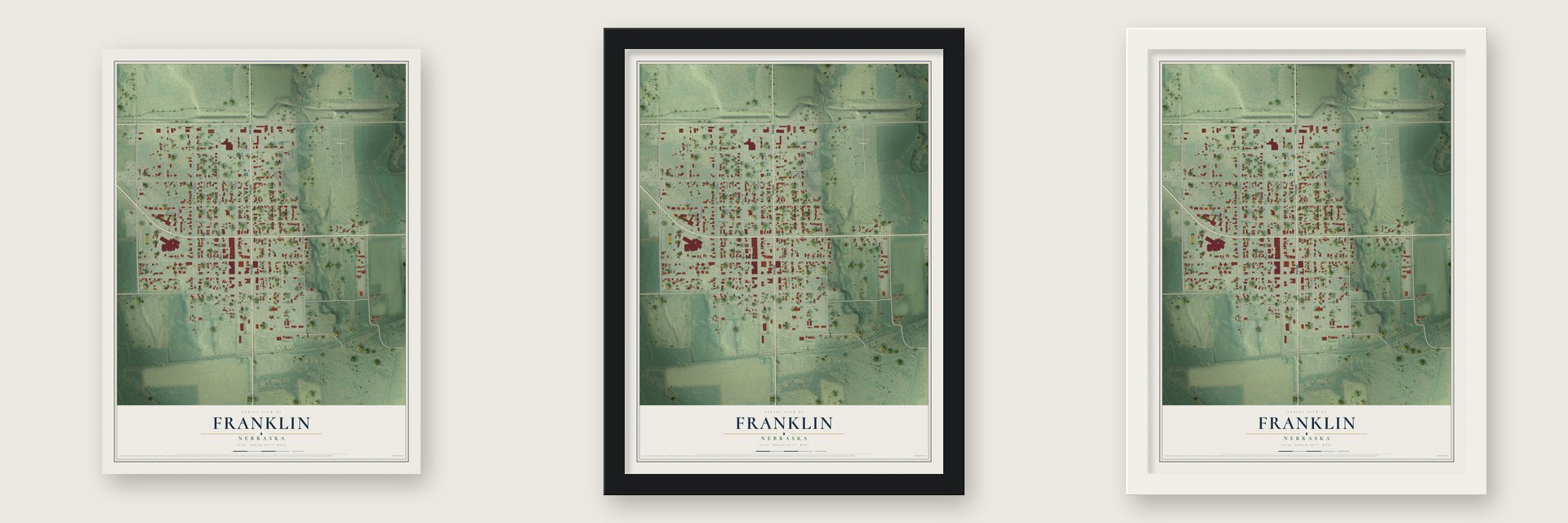 Franklin, Nebraska map unframed, in a black wood frame and in a white wood frame