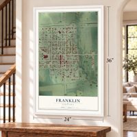 Franklin, Nebraska map, 24 x 36 inch print in a white frame by a staircase